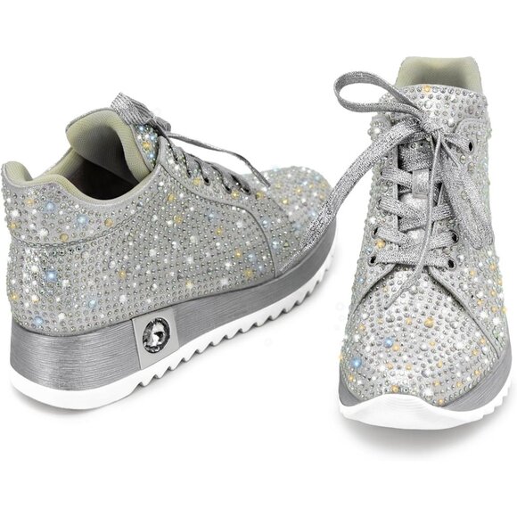 Women's Silver Glitter Trendy Sequin Rhinestone High Top Sneakers Wedge Shoes - Picture 7 of 7